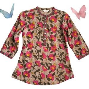 Akkriti 100% cotton floral blouse 3/4 sleeve, pink tan yellow